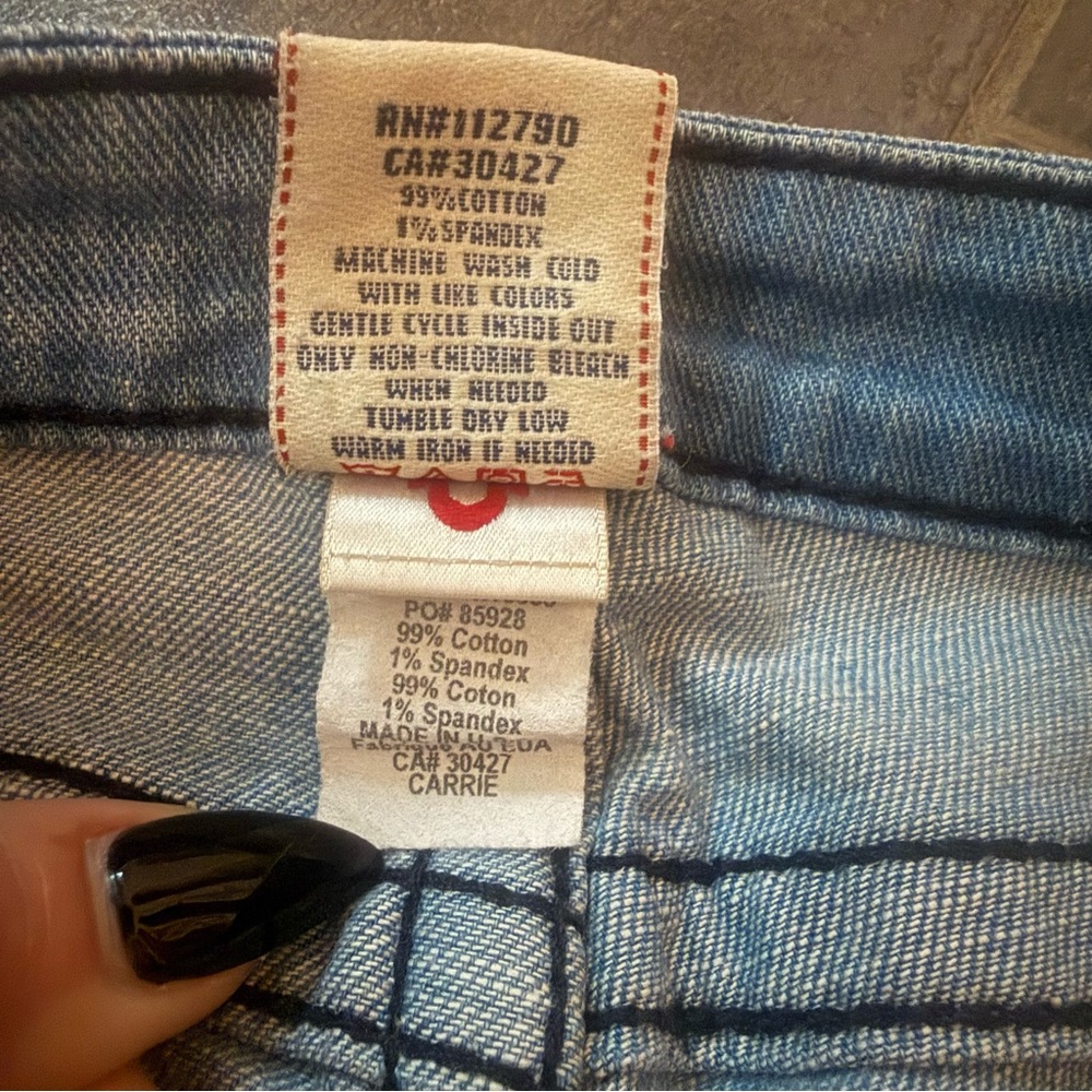 True Religion Light Blue Patchwork Flare Jeans with Cream Floral Details - Picture 10 of 13